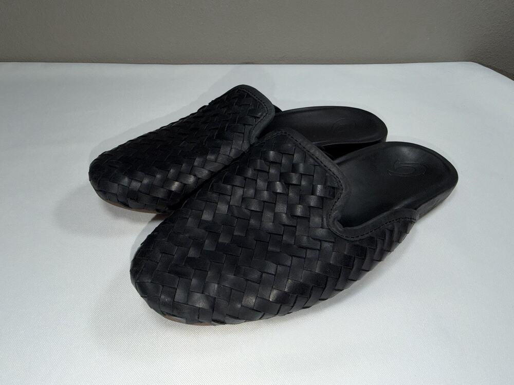 Olukai Women's Mi‘i 9.5 Slip-on Mules Slides Woven Black Leather Slippers Shoes